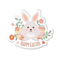 Happy easter sticker. Cute little rabbit with easter eggs on white background. Can be add text. Design for banner, poster, postcard. EPS10. vector