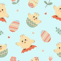 Happy easter. Seamless pattern with easter eggs, chicken flowers on blue background. vector