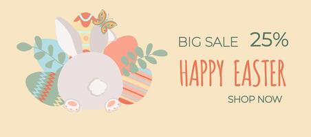 Happy easter sale. A cute little rabbit rear view, hare, easter bunny with easter eggs on yellow background. Can be add text. Design for banner, poster, postcard. EPS10. vector