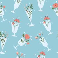 Seamless pattern with abstract spring flowers in wine drinking glass. Spring flower drink. Fashion spring, summer print template. vector