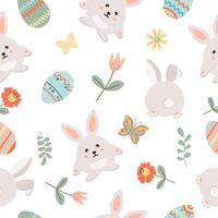Happy easter. Seamless pattern with easter eggs, rabbit, flowers, butterfly on white background. vector