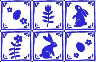 Easter seamless pattern in vintage style. Tiles with blue Easter bunnies and flowers. vector