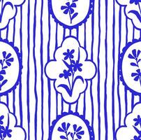 Classic pattern with blue frames, stripes and flowers. Print for wallpaper and textile vector