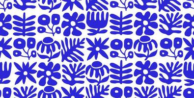 Seamless pattern of abstract flowers and plants in blue color in modern style vector