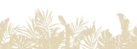 Seamless border with beige tropical leaves. palm leaves, monstera, banana leaves isolated on white background. pattern, print, web banner vector