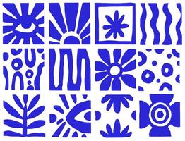 illustration, set of tiles with abstract blue modern ornaments, eyes and flowers. vector