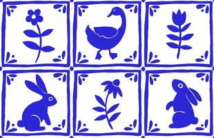 Seamless tile pattern with blue flowers and animals. Vintage style. vector