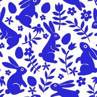 easter seamless pattern with abstract blue easter bunnies and flowers vector