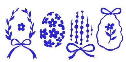 Set of Easter eggs. Illustration with abstract eggs, flowers and blue ribbons vector