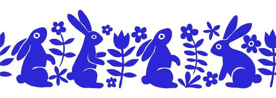 Easter seamless frame in vintage style with blue Easter bunnies and flowers vector