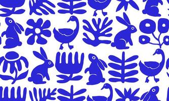 seamless pattern abstract flowers animals modern style blue vector