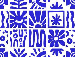 illustration, abstract blue seamless pattern with modern tile ornaments, eyes and flowers. vector