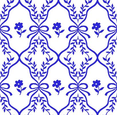 classic seamless pattern with cute blue flowers on tiles.