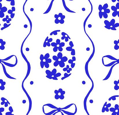 Vintage seamless Easter pattern. Blue eggs, bows and ribbons