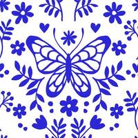 cute seamless pattern with blue flowers and butterflies. simple print vector