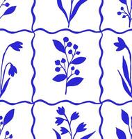 folk seamless pattern with tiles with blue flowers and ornaments vector