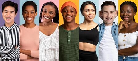 A joyful assembly of diverse individuals showcases their happiness and positivity, set against vibrant, colorful backgrounds. Each person exudes a unique charm and warmth. photo