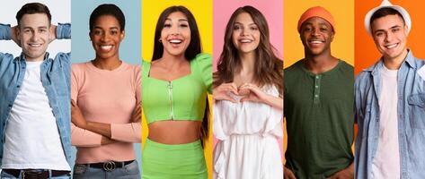 A lively collage features a diverse group of cheerful individuals showcasing joy and positivity. Each person exudes happiness while posing against vibrant, colorful backgrounds. photo