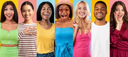 A diverse group of multiracial individuals stand together, smiling widely against a bright, colorful background. They express happiness and fun, showcasing their unique styles and personalities. photo