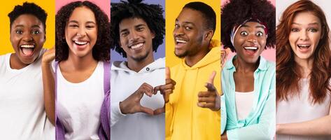A cheerful, multiracial group of people smiles and engages with playful gestures against bright, vibrant backgrounds. Their joyful expressions reflect a positive and fun lifestyle moment. photo