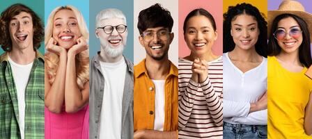 A lively collage showcases a multiethnic group of happy people expressing joy. They share a moment of fun and positivity against a colorful background, highlighting their cheerful lifestyle. photo