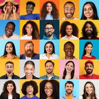 A vibrant collection of cheerful, multiracial individuals is smiling directly at the viewer. Each person brings a unique expression of happiness, representing various backgrounds in a joyful display. photo