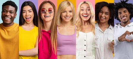 A vibrant collage of cheerful individuals from diverse backgrounds, showcasing happiness and fun. Each person expresses positivity through their unique style and friendly smiles. photo