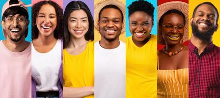A vibrant collage features cheerful, smiling individuals from diverse backgrounds. Each person showcases their unique style and joyful expressions against bright, colorful backgrounds. photo