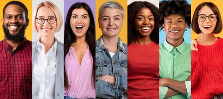 Seven cheerful individuals from diverse backgrounds showcase their happiness and positivity against a bright, colorful background. Each person expresses joy, creating a lively collage of smiles. photo
