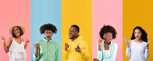A cheerful and happy group of people with diverse backgrounds expresses joy in a colorful setting. They engage in fun gestures, showcasing their positivity and unity. photo