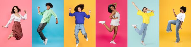 Six joyful people of various backgrounds are captured in lively poses against colorful backgrounds. Each displays happiness through energetic movements, showcasing their diverse lifestyles and unity. photo