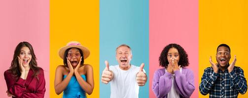 A happy, multiethnic group of individuals displays excitement against a colorful background. They share positive vibes through cheerful expressions and gestures of fun and celebration. photo