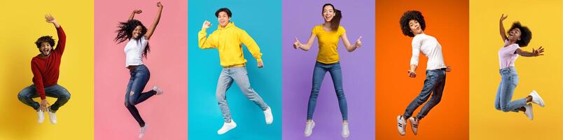 A group of cheerful young individuals of varying backgrounds is joyfully jumping against colorful backdrops. Their diverse expressions reflect happiness and positivity, showcasing a fun vibe. photo
