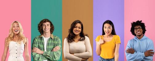 Cheerful individuals of various backgrounds are posing together, showcasing joy and positivity. Their expressions reflect fun and a sense of community against a colorful backdrop. photo
