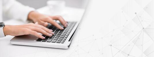 Writing Blog. Unrecognizable woman working on laptop, searching information. Selective focus, copy space photo