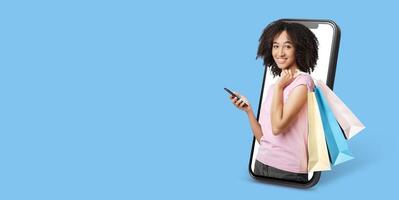 A customer holding a smartphone is enjoying an online shopping experience. She appears joyful and is surrounded by colorful shopping bags, highlighting the concept of digital commerce. photo