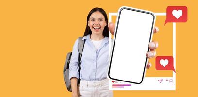 A social media influencer holds a smartphone with a blank screen, smiling happily. Colorful chat bubbles appear next to them, suggesting online interaction and digital communication. photo