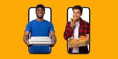 Two individuals demonstrate the convenience of online pizza ordering through smartphones. One holds stacked pizza boxes while the other enjoys a slice, showcasing the joy of fast food delivery. photo