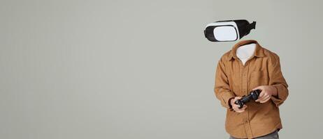 A person with a virtual reality headset and no visible head is actively using a gaming controller. The background is neutral, highlighting the modern technology and immersive experience. photo