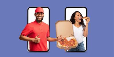 A customer enjoys pizza delivery while showing excitement and satisfaction. The person uses a smartphone app to order from an online store. The background is simple, emphasizing the action. photo