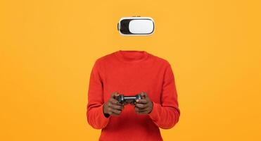 A user dons virtual reality goggles, fully immersed in an immersive experience. Holding a gaming controller, they navigate a digital world, showcasing advanced technology and modern gaming culture. photo