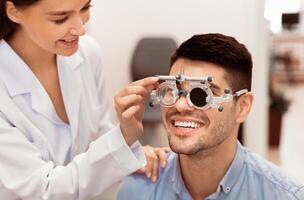 A smiling patient is having his vision tested by an optometrist who adjusts a trial frame on his face. The consultation takes place in a well-lit clinic setting. photo