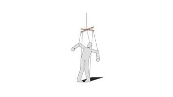 Suspended white puppet dangling limply from strings 2D character animation. Psychological controlled hanging subordinate figure animated marionette cartoon 4K isolated on white transparent video