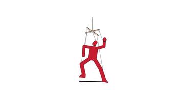 Suspended red puppet in defiant pose on strings 2D character animation. Psychological controlled hanging subordinate figure animated marionette cartoon 4K isolated on white transparent video