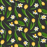 Spring floral pattern with yellow tulips and white daffodils on a dark background, designed in a flat style, perfect for textiles, wallpapers, packaging, and other design projects. illustration vector