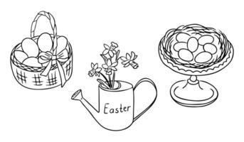 Hand drawn Easter doodle set with a basket of eggs,and a decorative nest in black and minimalistic style. contour line drawings isolated on white background vector