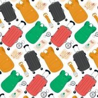 Seamless travel-themed pattern with suitcases, backpacks, maps, compasses, and watches in a colorful, modern design. hand drawn flat illustration on white background vector