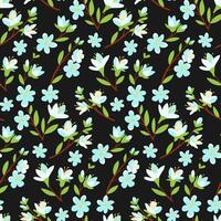 Seamless floral pattern with delicate blue cherry blossoms and green leaves perfect for textile design, and elegant spring-themed projects. vector