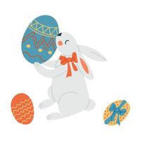 Cute white Easter bunny with a red bow holding a decorated egg, surrounded by colorful Easter eggs, isolated on a white background. hand drawn illustration on white background vector