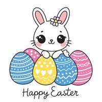 Happy Easter Cute Greeting Card with Text and Cartoon Kawaii Bunny Rabbit With Colored Ornate Eggs vector